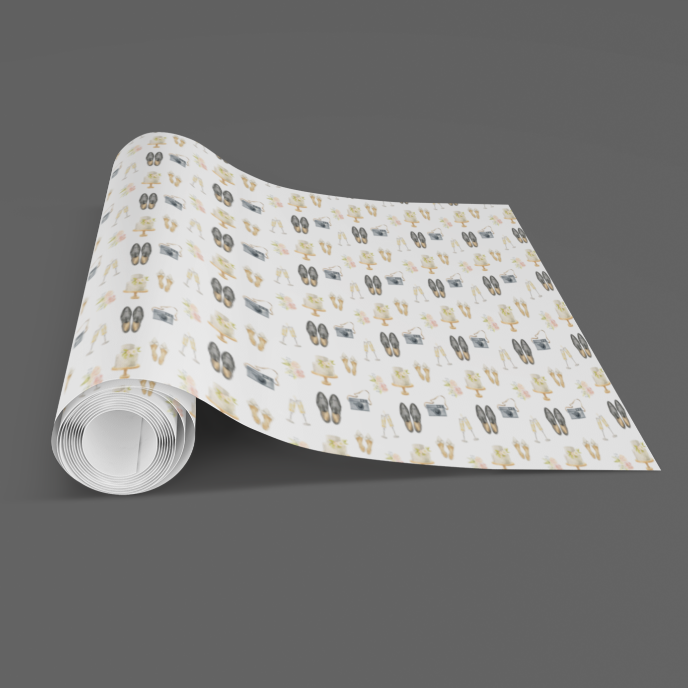 Roll of patterned wedding paper on a dark grey background