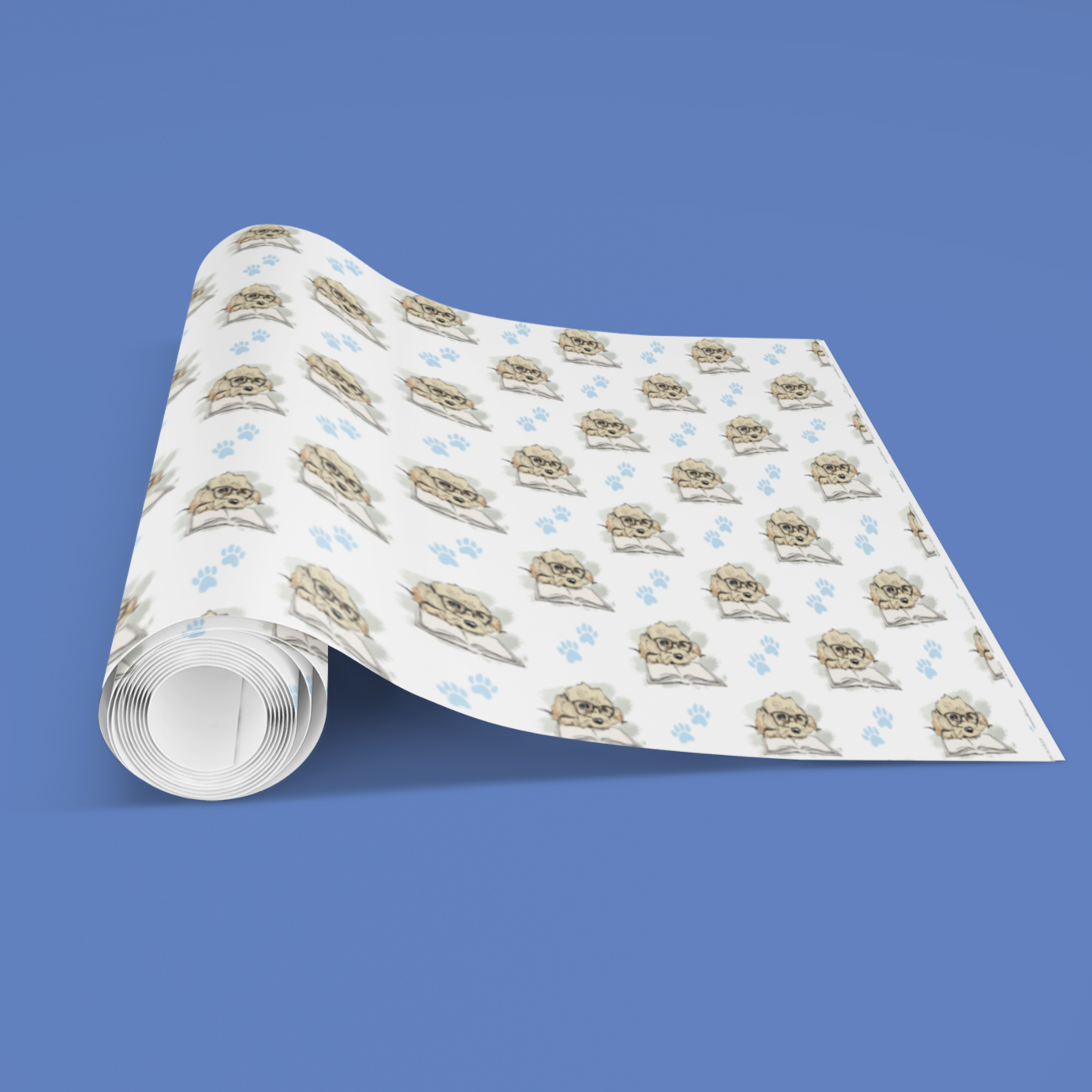 Roll of patterned paper with a cavapoo on a blue background