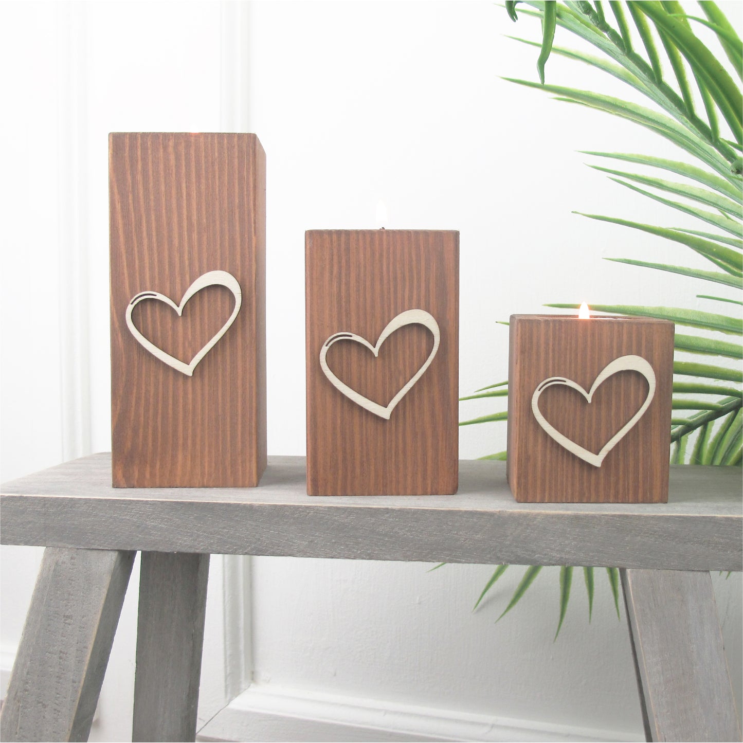 Handcrafted Wooden Tea Light Holders - Raised Love Heart Design