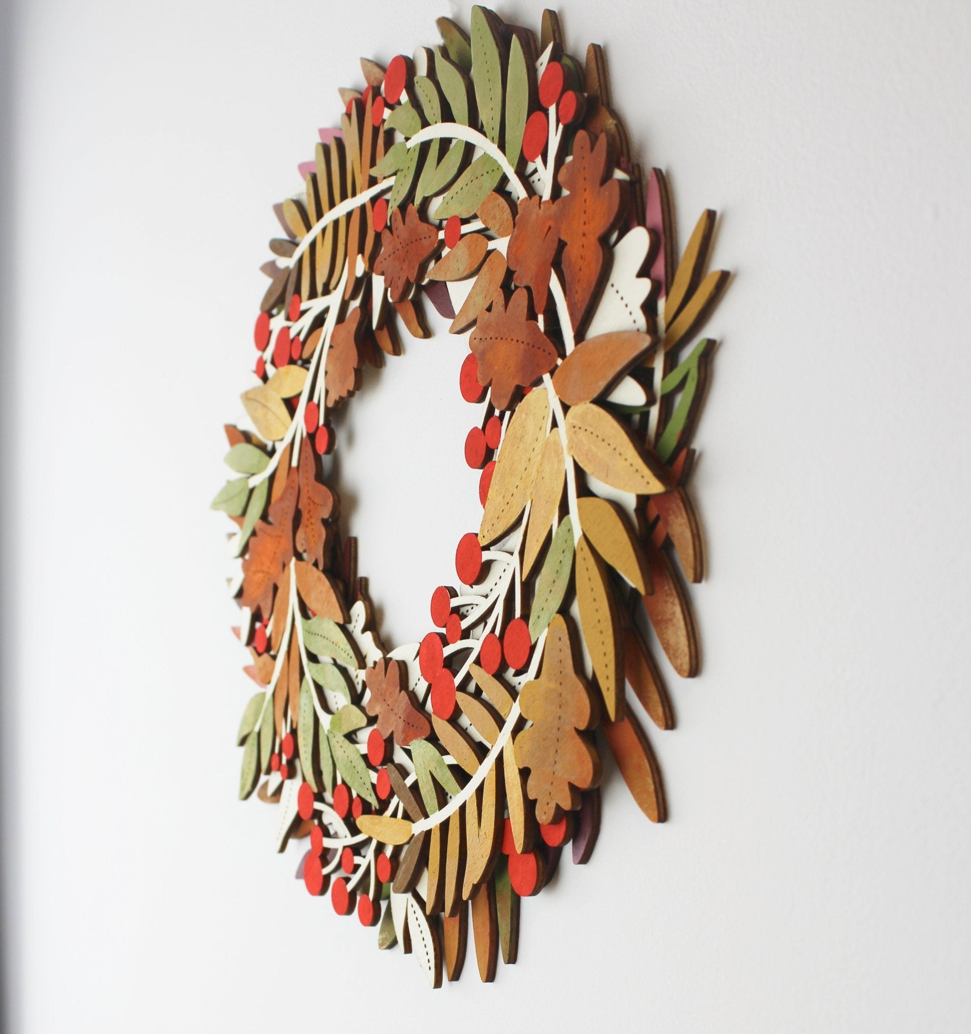 Hand painted Autumn Wooden Wreath – Rustic Wall Decor with Red Berries - Mac and Lilly