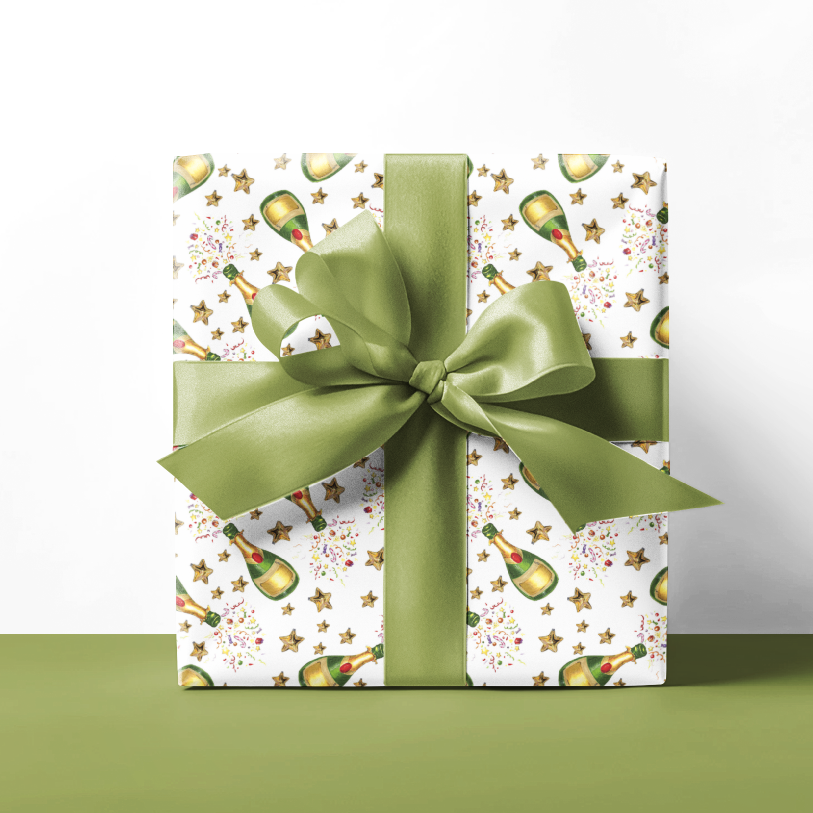 Gift wrap paper with green champagne bottle perfect for congratulations gift