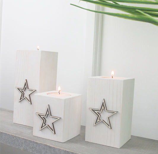 Wooden Tea light Holders - Raised Star Design