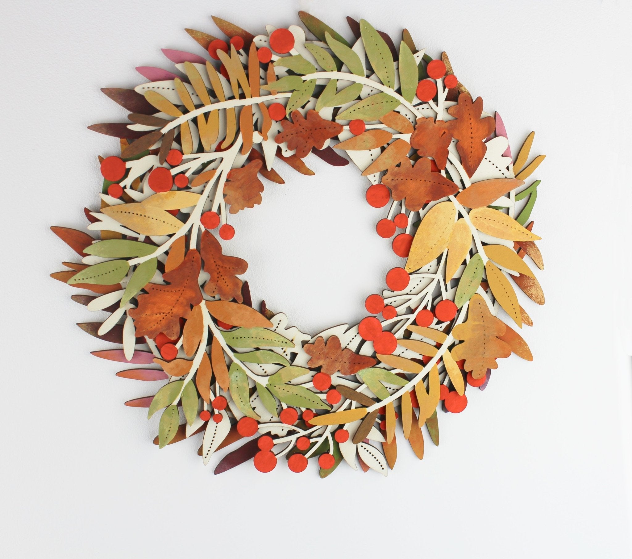 Hand painted Autumn Wooden Wreath – Rustic Wall Decor with Red Berries - Mac and Lilly