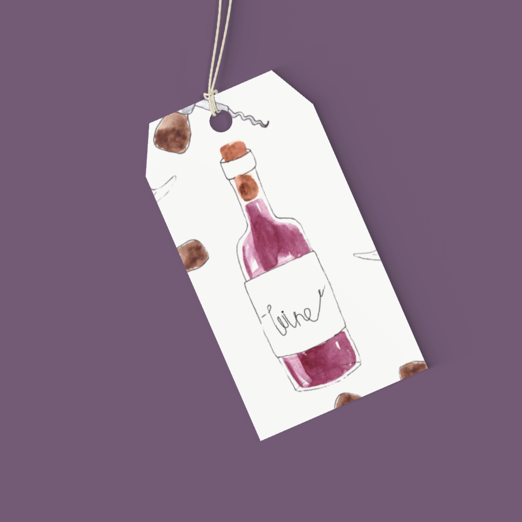 Gift tag with a wine bottle illustration on a purple background