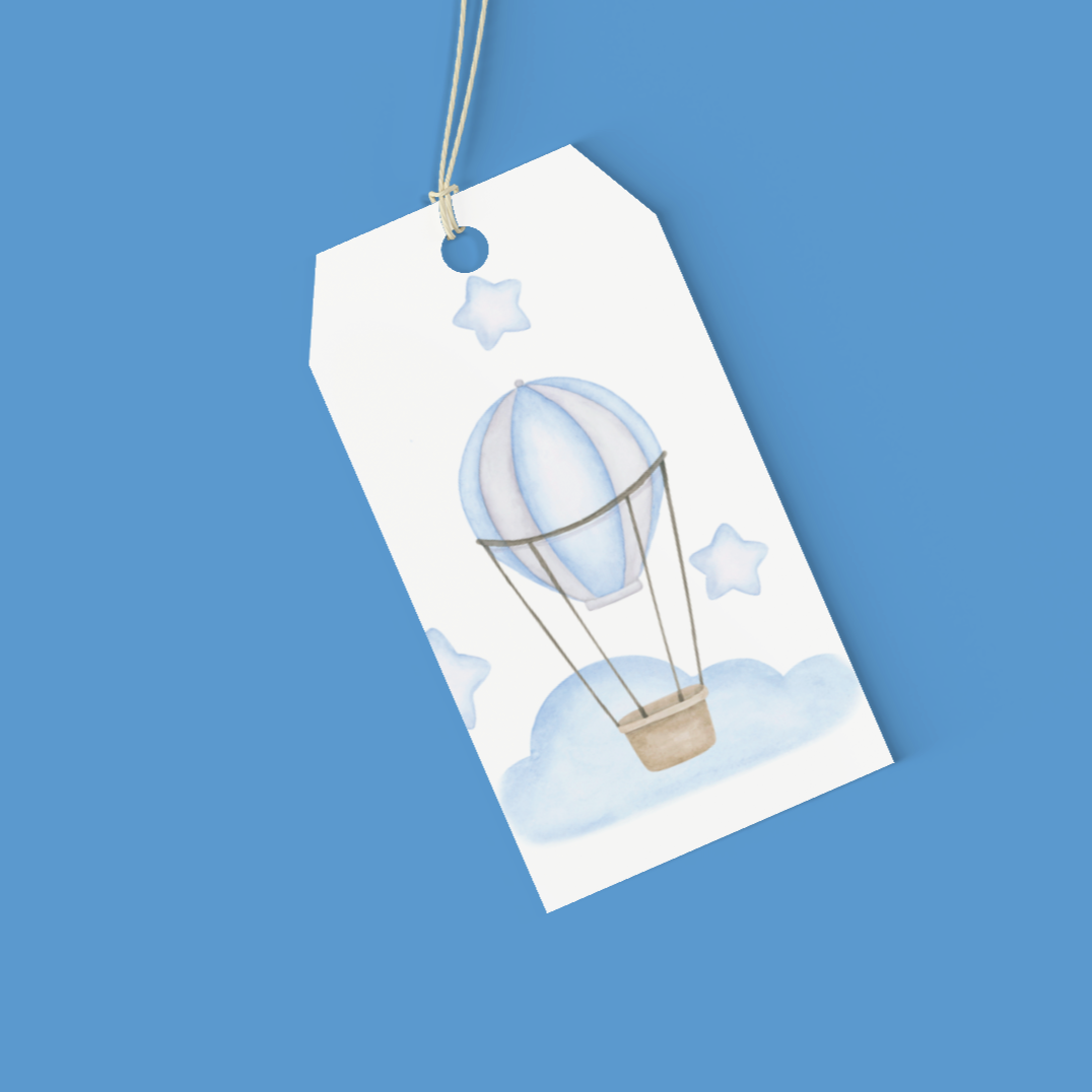Gift tag with hot air balloon design on a blue background