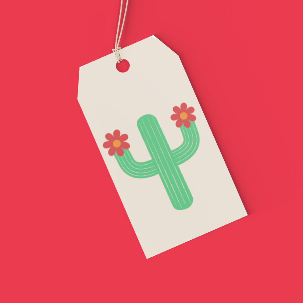 Gift tag with a cactus design on a red background