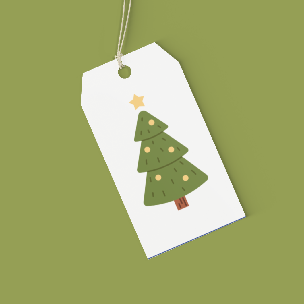 Gift tag with a Christmas tree design on a green background