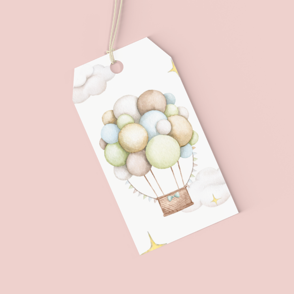 Gift tag with hot air balloon design on a pink background