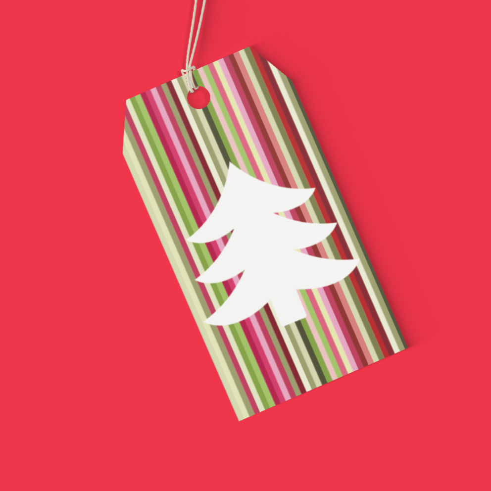 Decorative tag with a Christmas tree design on a red background