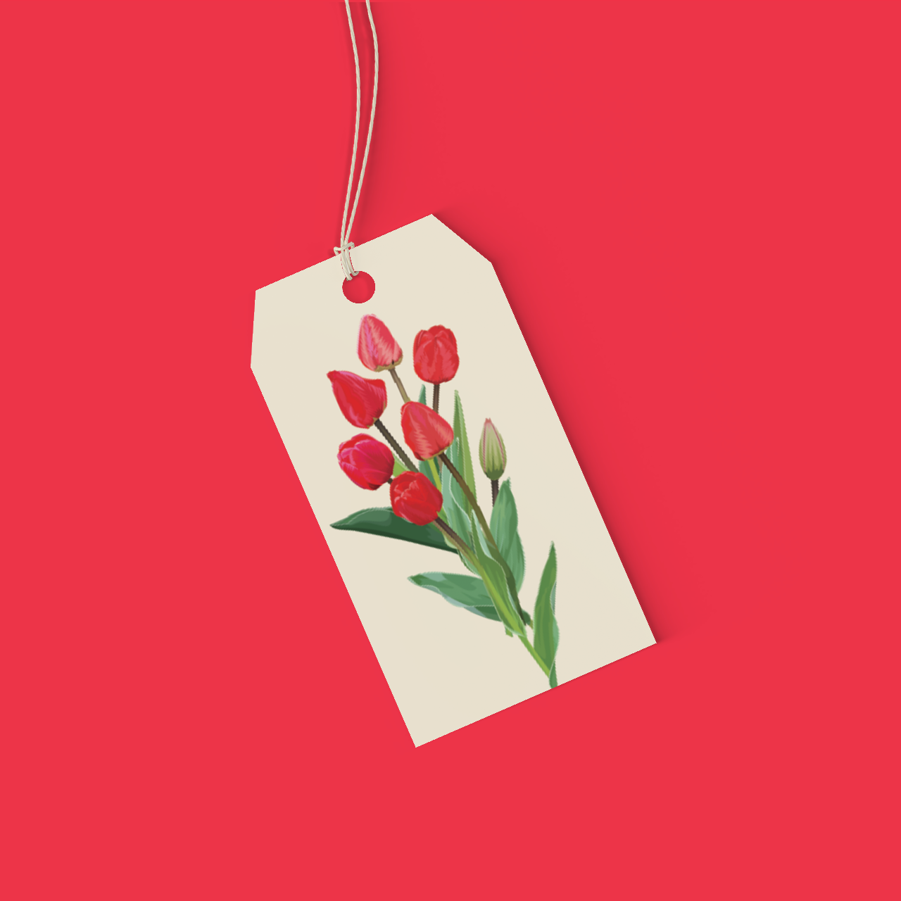 Gift tag with red tulips on a red background