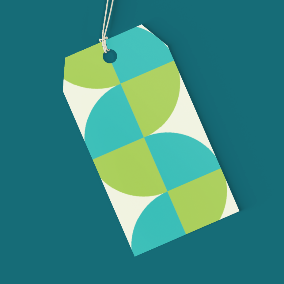 Decorative tag with geometric pattern on a teal background