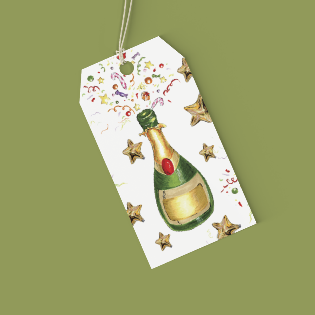 Gift tag with a champagne bottle design on a green background