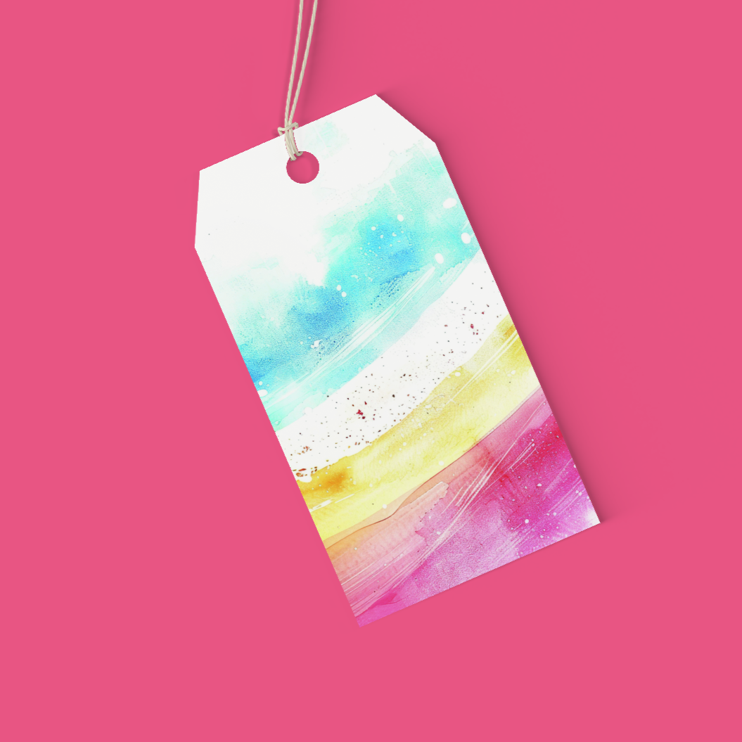Coloruful watercolour-style rainbow tag on a pink background