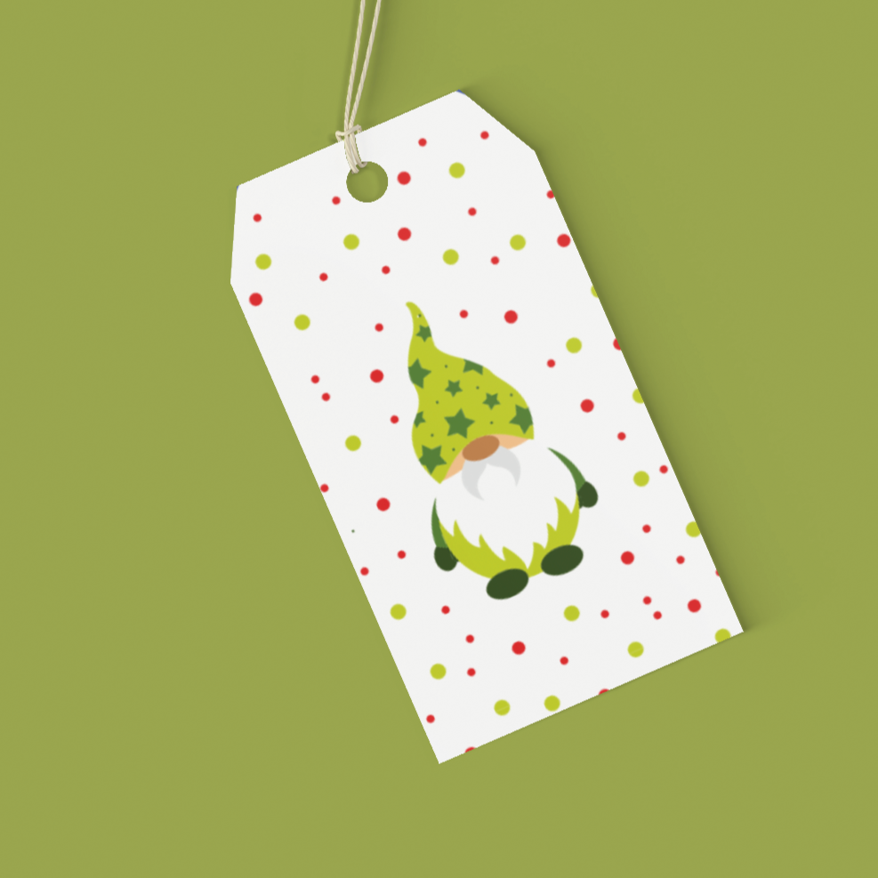 Gift tag with a gnome design on a green background