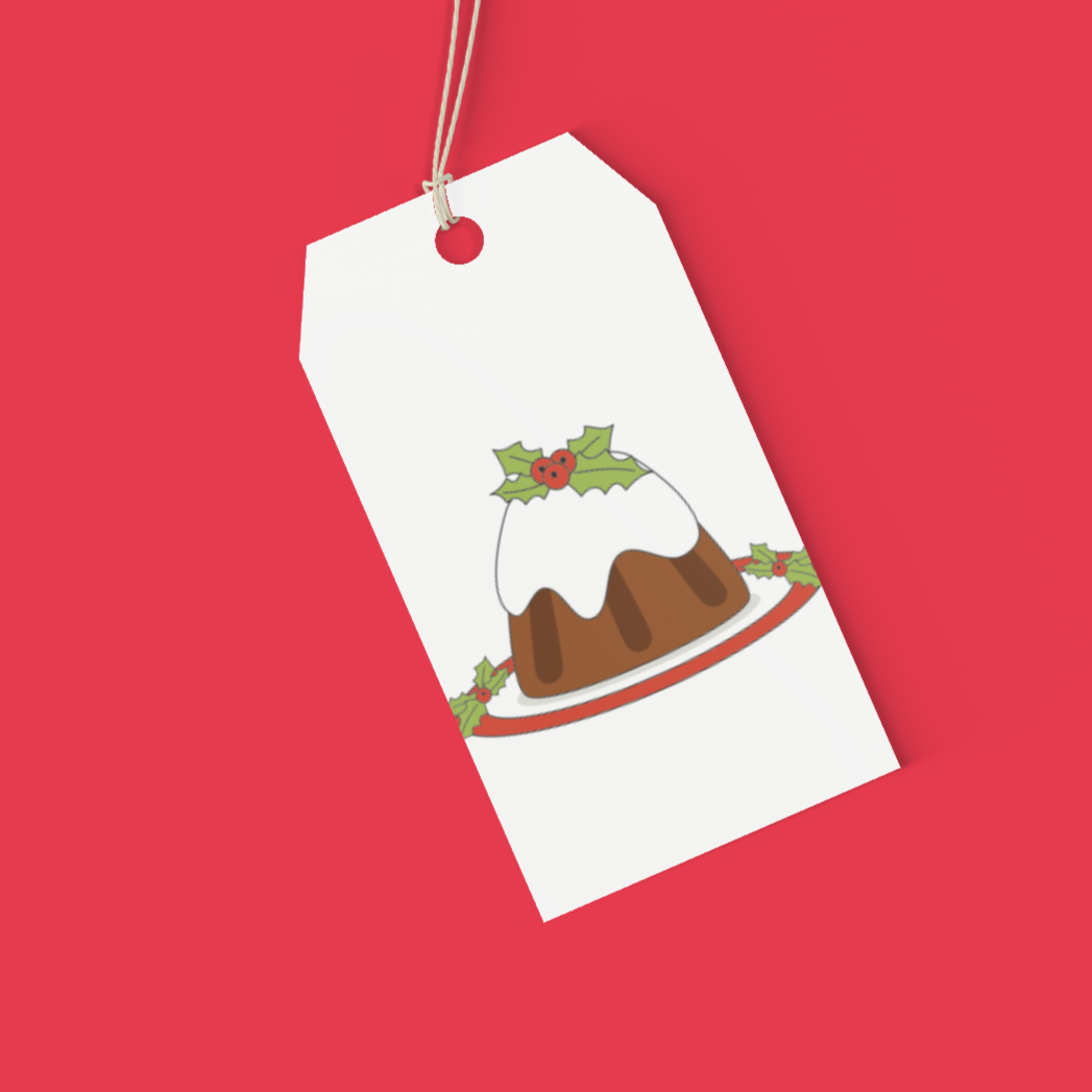 Gift tag with a Christmas pudding illustration on a red background