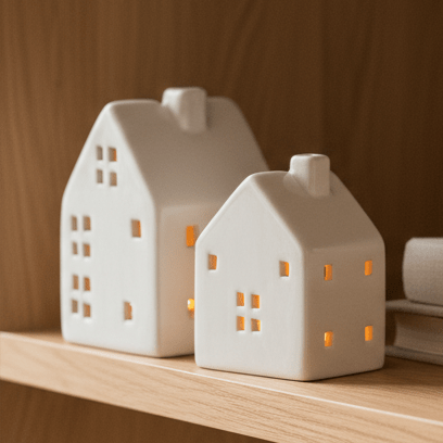 White Ceramic Tea Light Houses – Two Sizes - Mac and Lilly