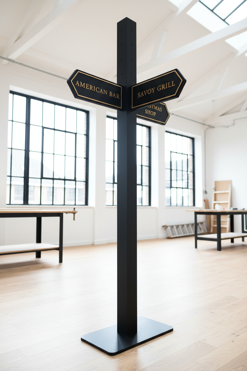 Towering 10-foot Savoy directional post in workshop