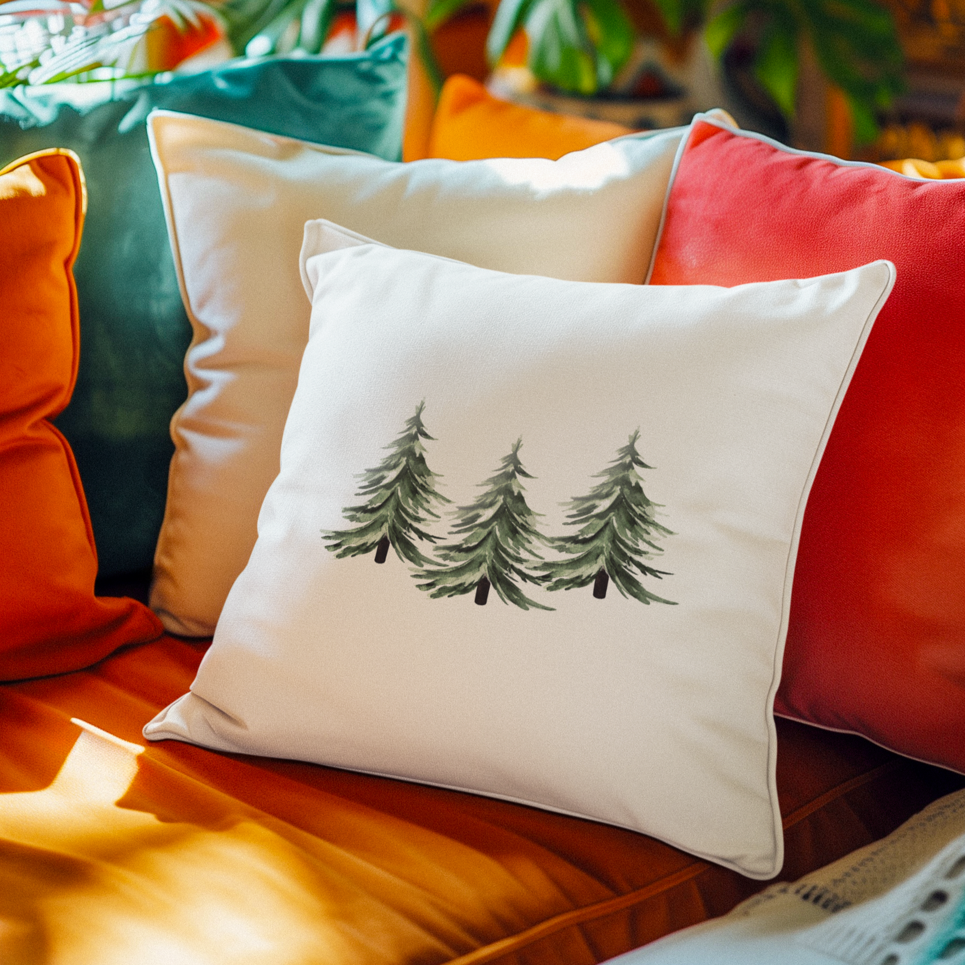Decorative pillow with tree design on a colorful couch with plants in the background