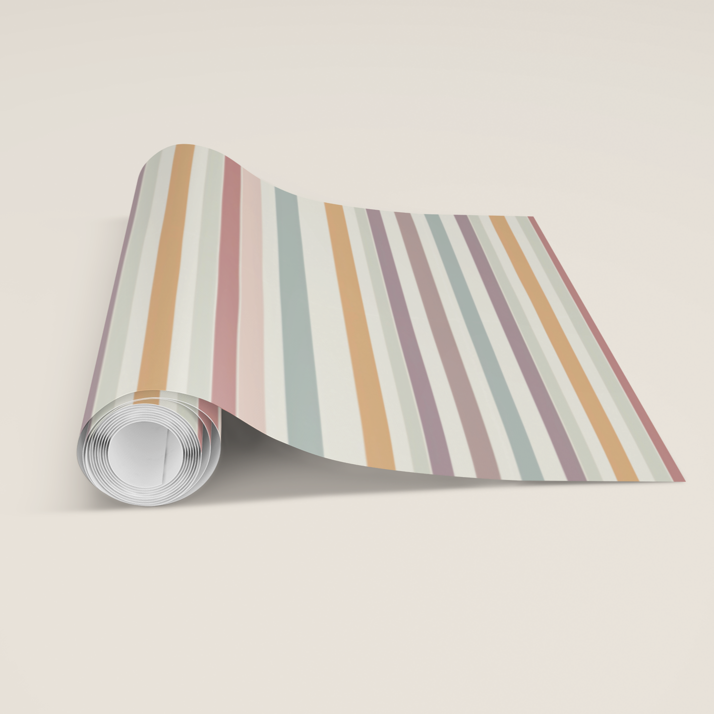 Roll of wallpaper with multicoloured pastel stripes on a beige background