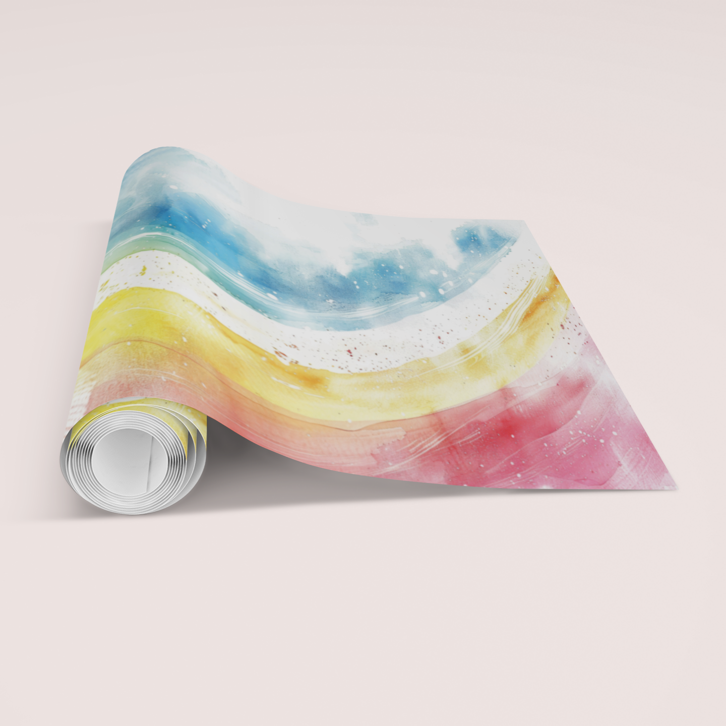Roll of colourful rainbow  paper with wavy pattern on a light pink background, gay pride