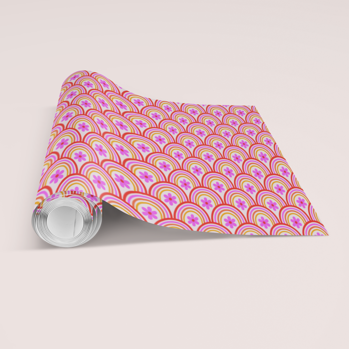 Roll of paper towel with a colorful pattern on a beige background