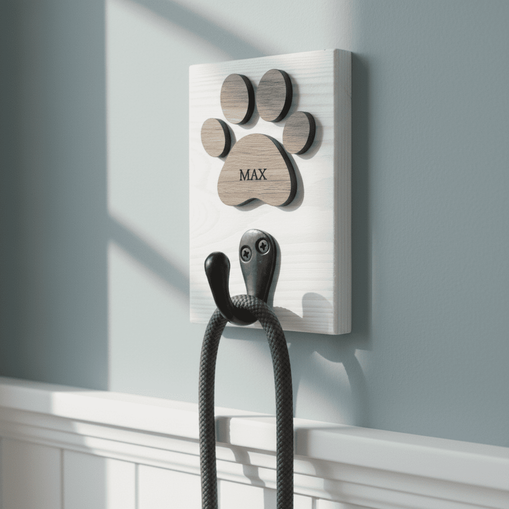 Personalised Dog Lead Hook, with White or Black Base and Oak or Walnut Veneer Paw - Mac and Lilly