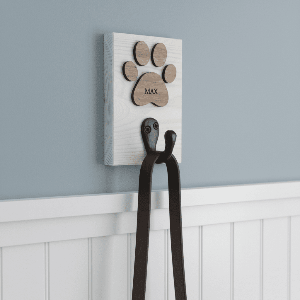 Personalised Dog Lead Hook, with White or Black Base and Oak or Walnut Veneer Paw - Mac and Lilly