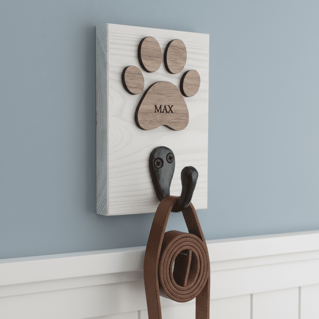 Personalised Dog Lead Hook, with White or Black Base and Oak or Walnut Veneer Paw - Mac and Lilly