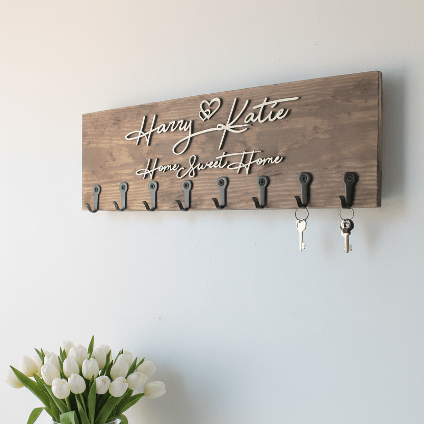 Personalised Wall - Mounted Key Holder| Natural Raised Plywood Lettering - Mac and Lilly