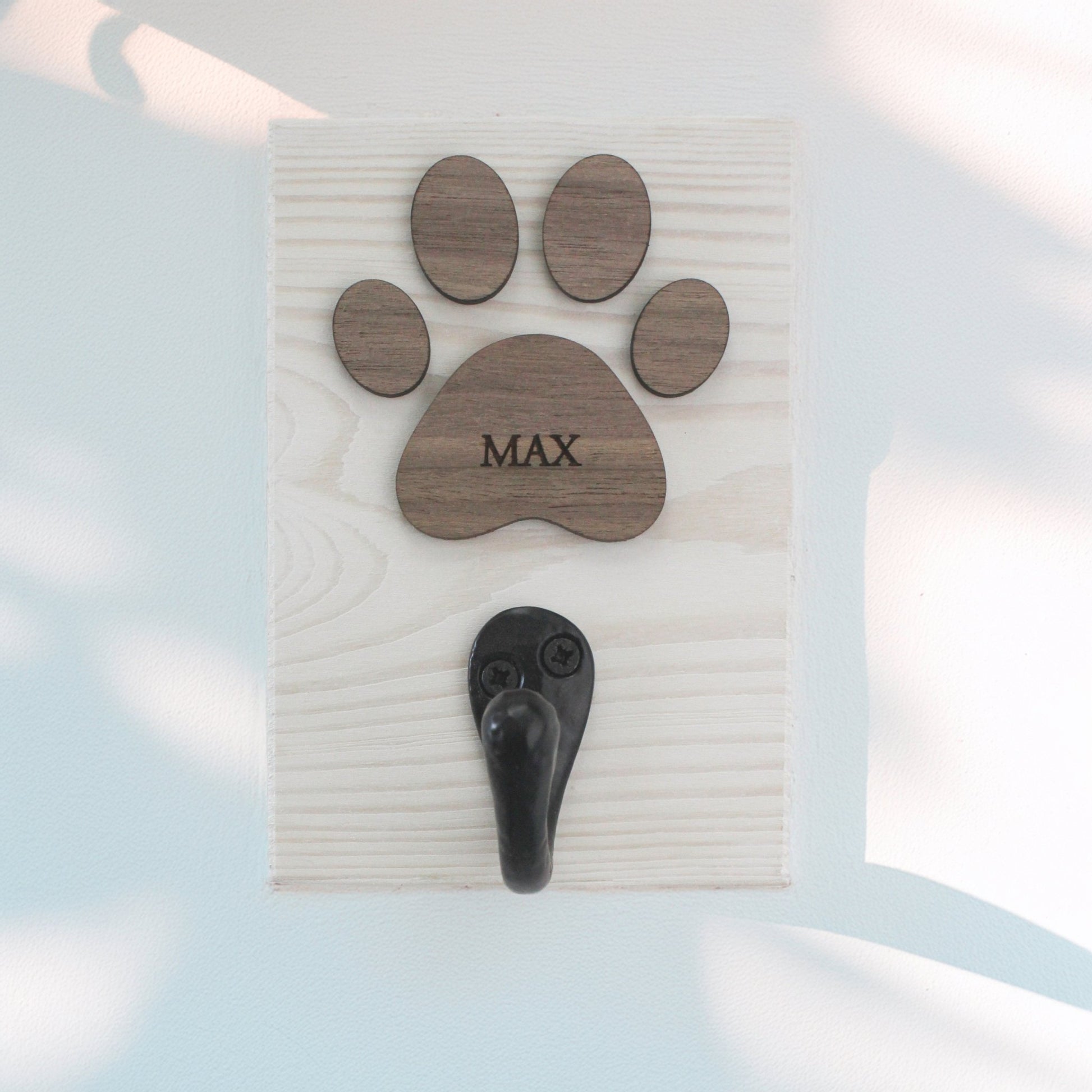 Personalised Dog Lead Hook | White or Black with Veneer Paw - Mac and Lilly
