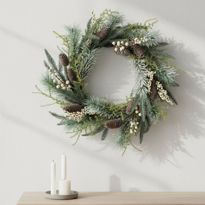 Decorative wreath white berries and fir cones