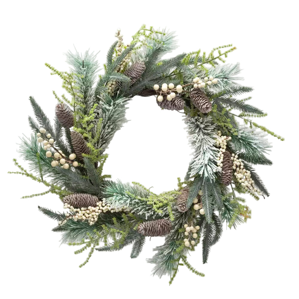 Christmas wreath with greenery, pinecones, and berries on a light gray background