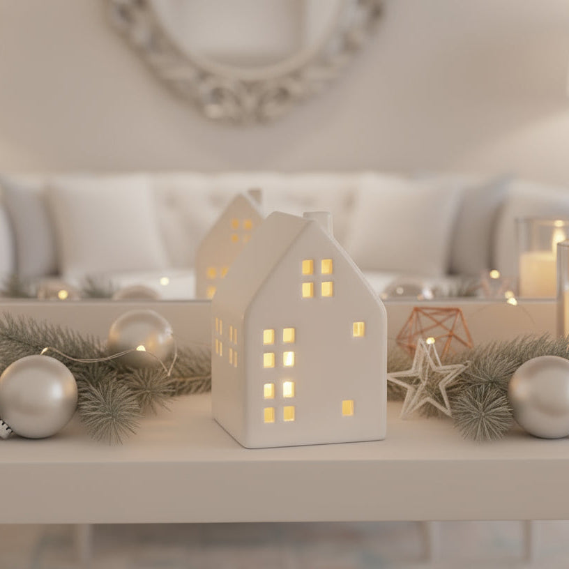 White ceramic house-shaped tea light holder on a white background