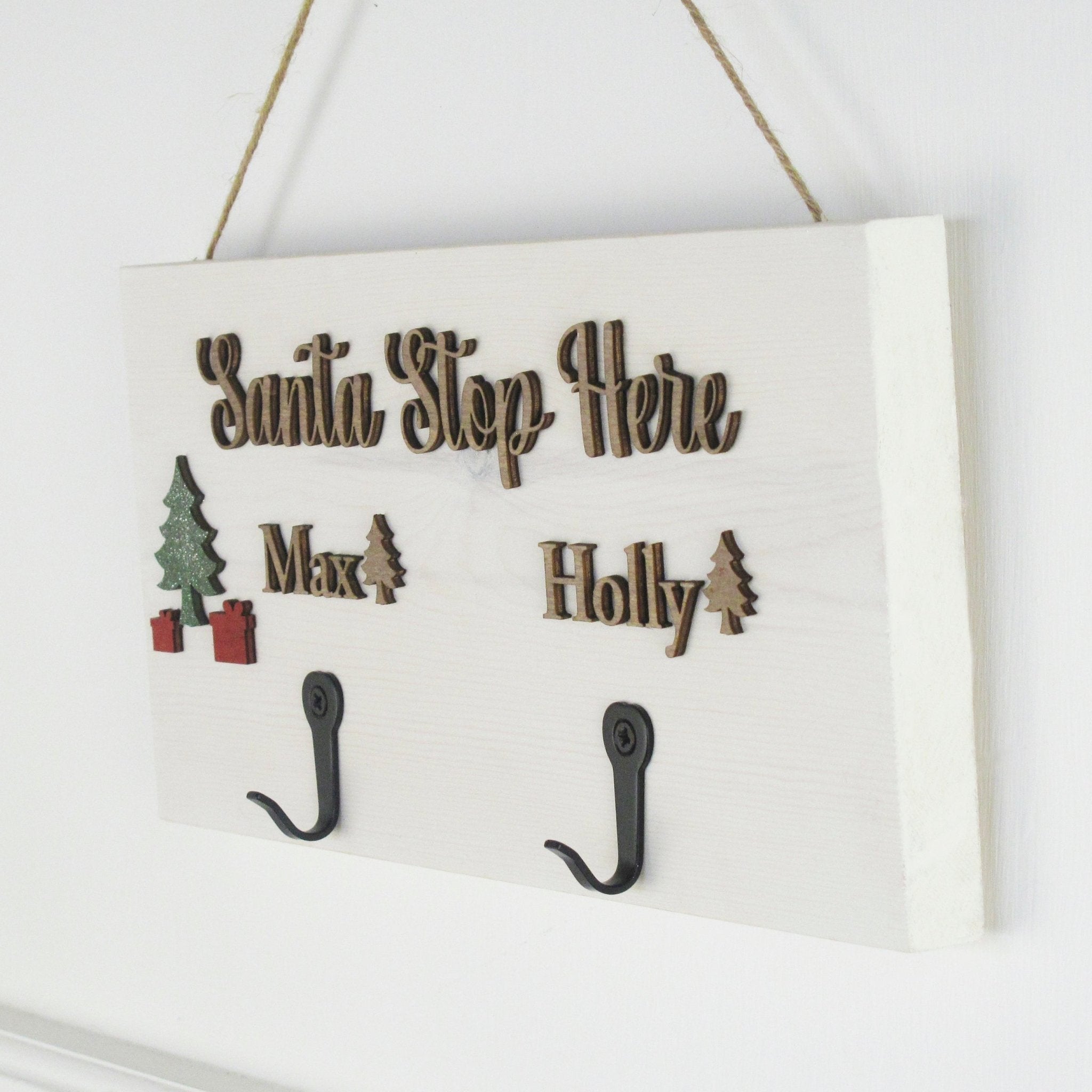 Winter White Santa Stop Here Stocking hanger - Mac and Lilly