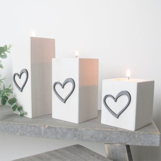 Winter White Wooden Tea Light Holders - Dove Grey Hearts Design