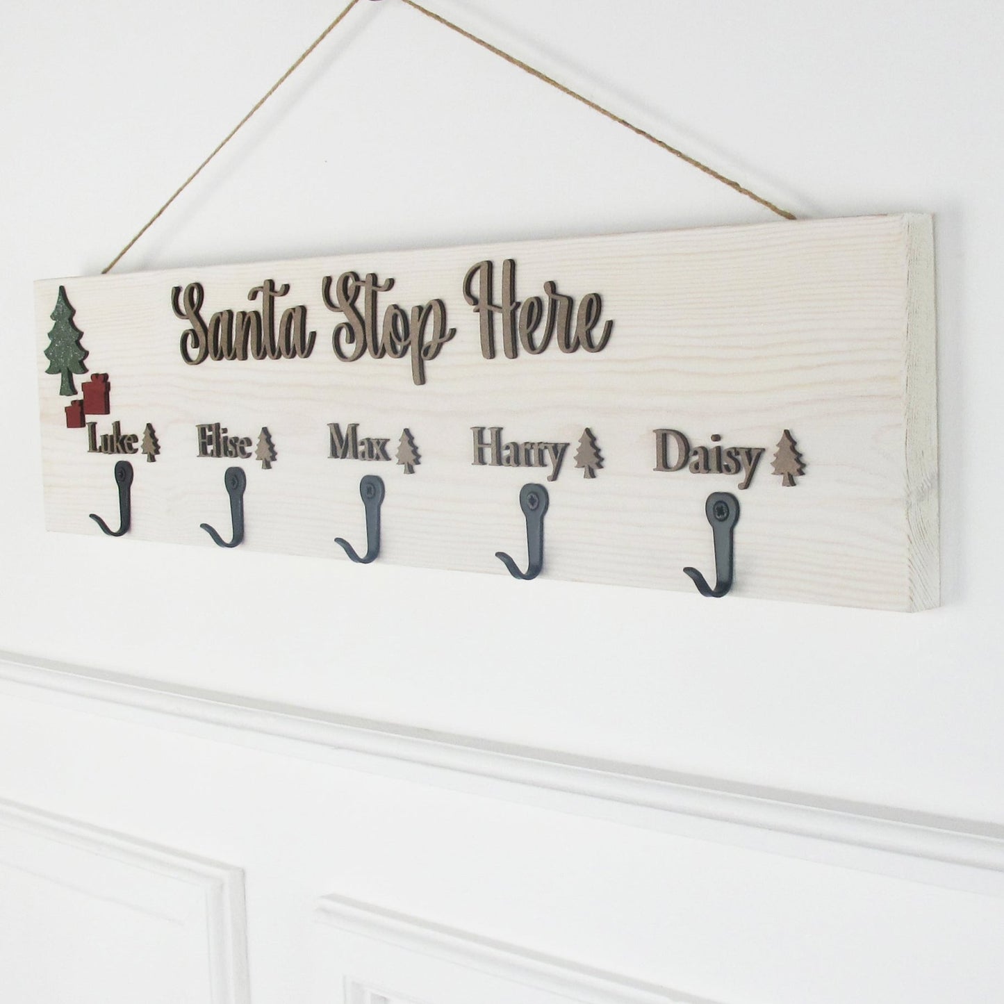 Winter White Santa Stop Here Stocking hanger