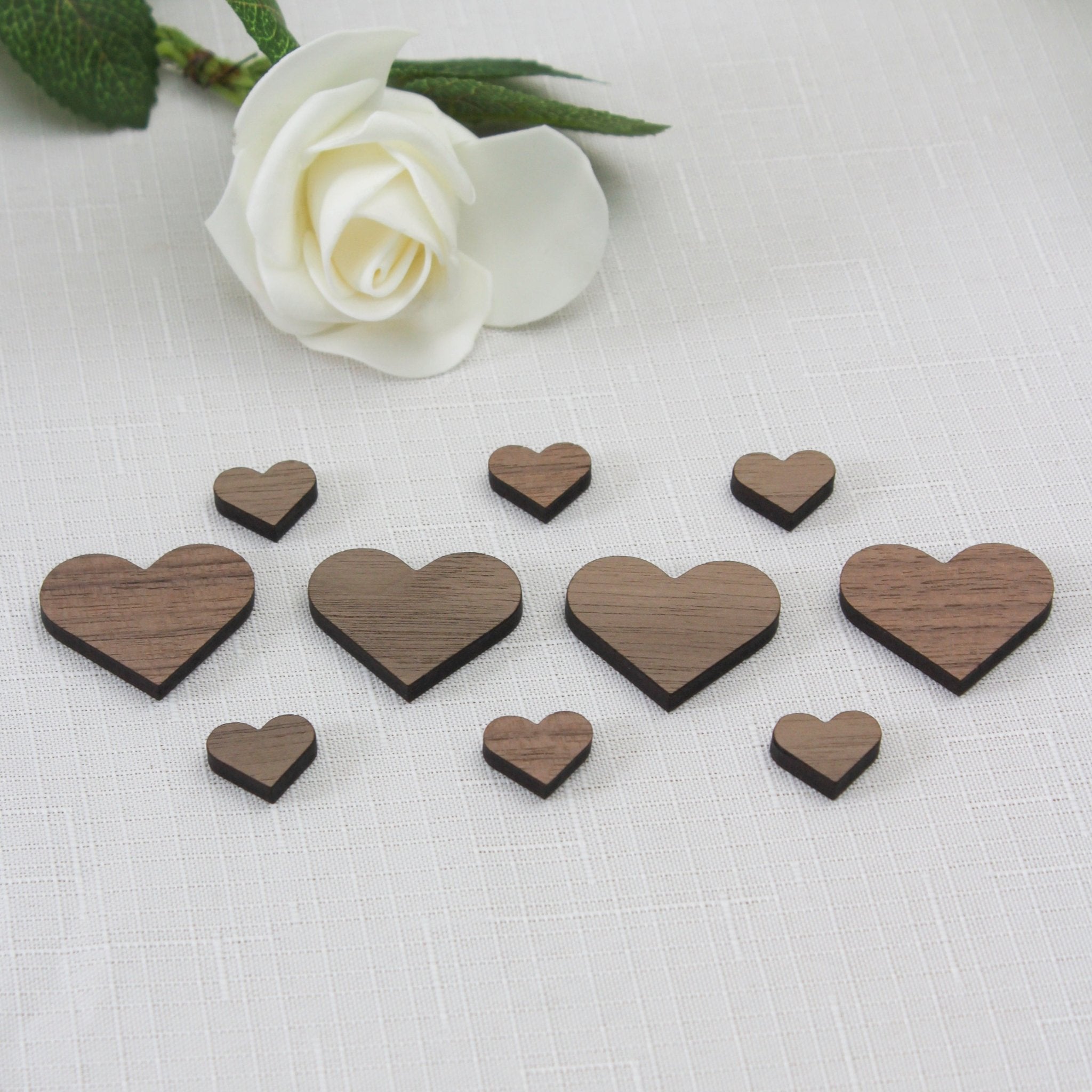 Scatter Hearts – Oak, Walnut, Beech, Cherry Gold or Silver Wedding Table Decor - Mac and Lilly