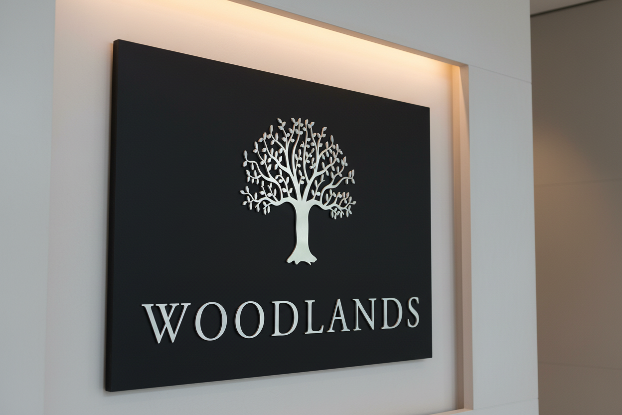 Woodlands sign close-up in minimal luxury setting