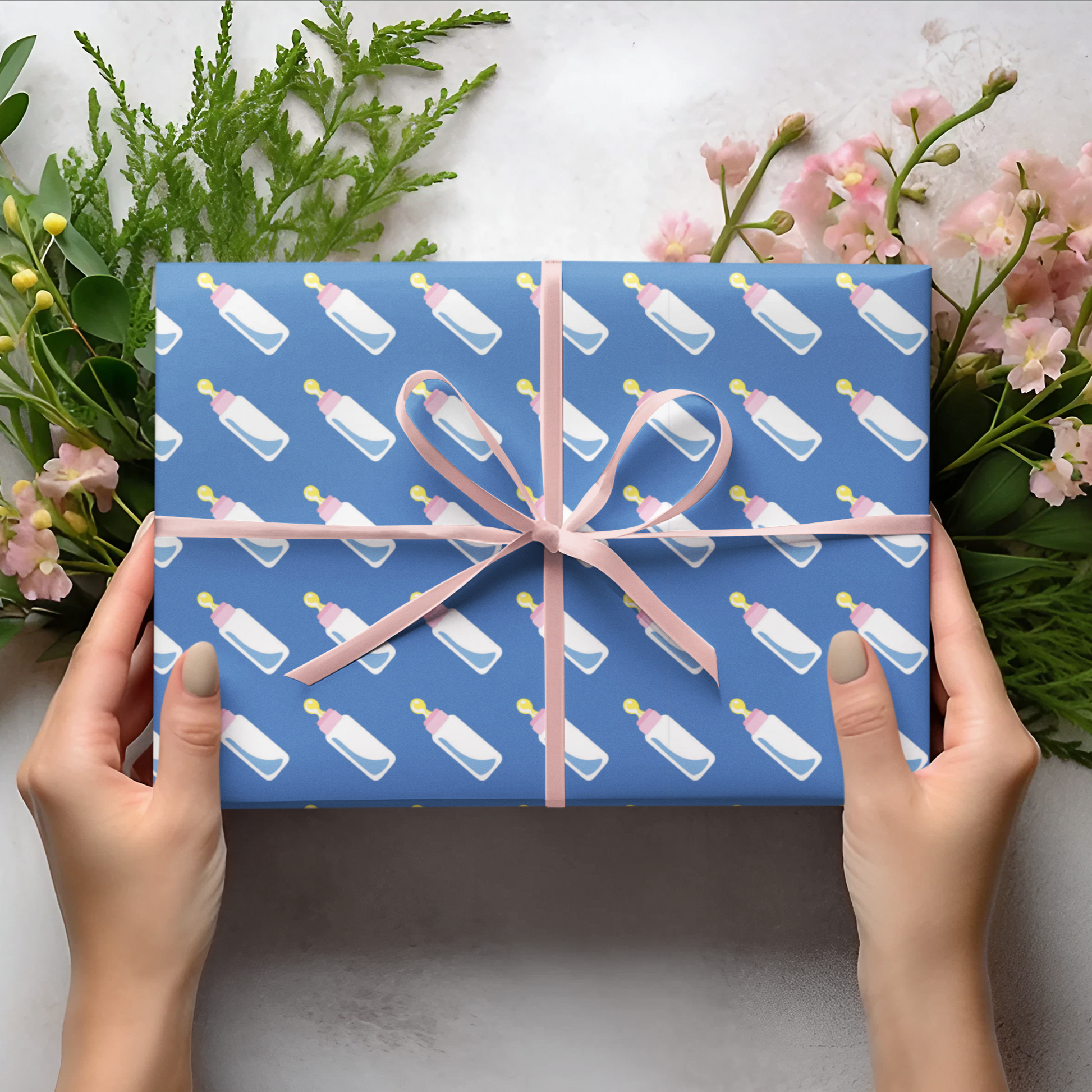 bright blue gift wrapping paper for new baby boy