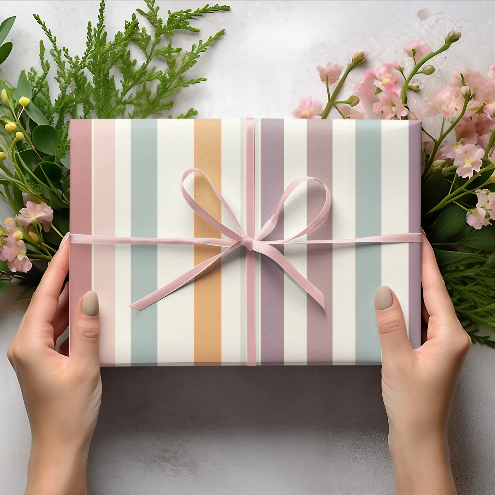 Striped gift box with a pink ribbon held by hands, surrounded by flowers and greenery on a light background