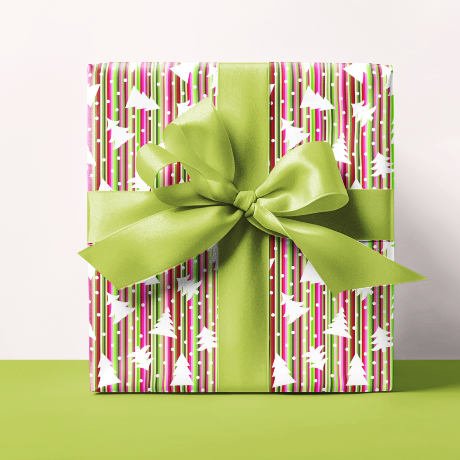 Gift wrap with a lime green ribbon on a contrast background