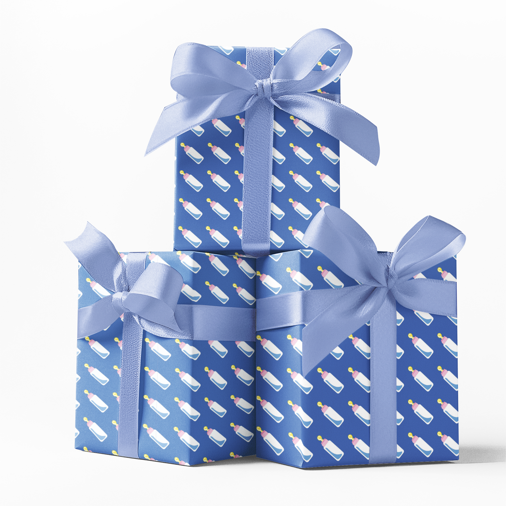 Three blue gift boxes with bright blue background and baby bottle design