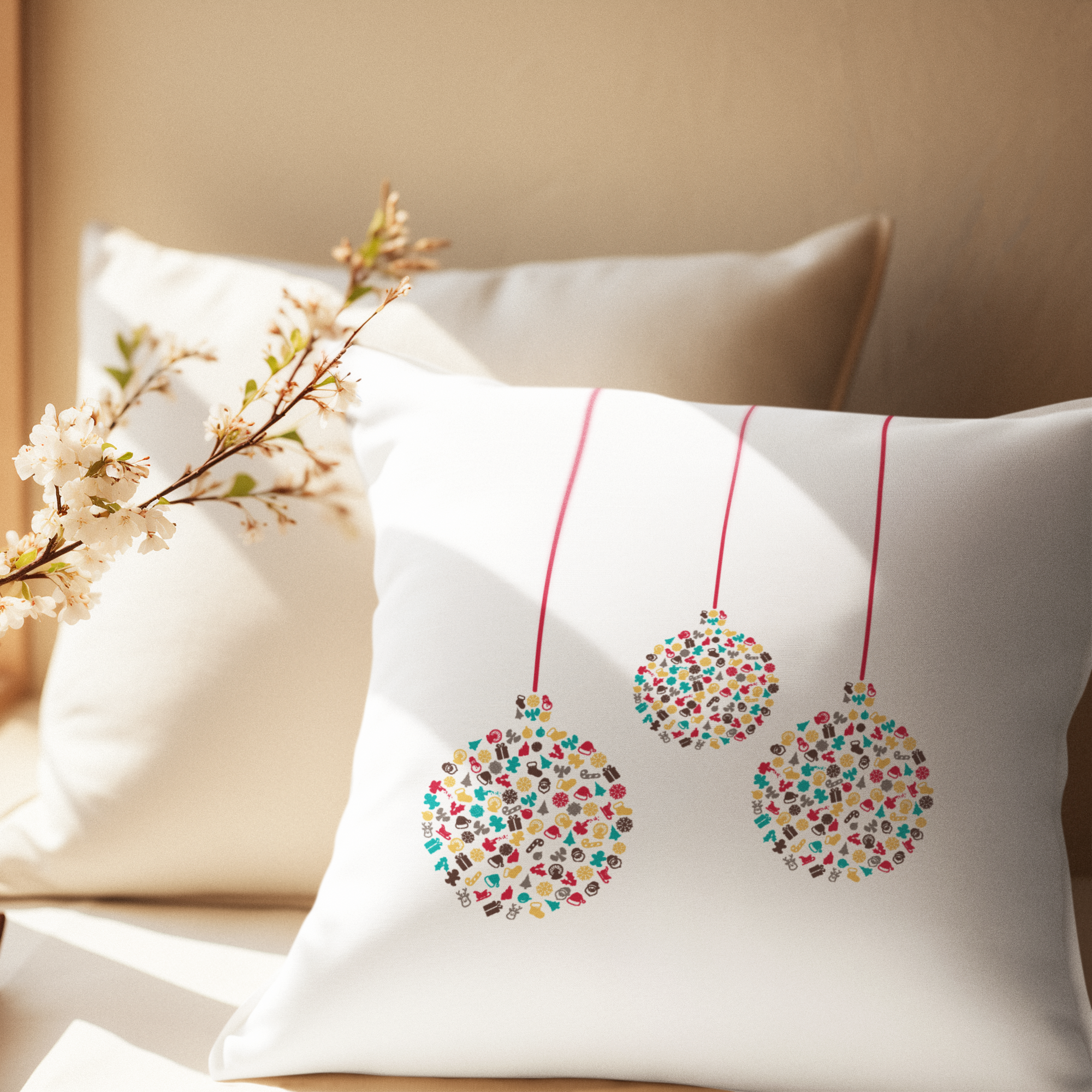 Decorative pillow with colorful hanging ornaments on a neutral background